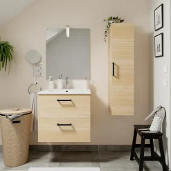 GoodHome Meuble vasque suspendu effet chêne l.60 cm + plan vasque blanc en céramique, Opah