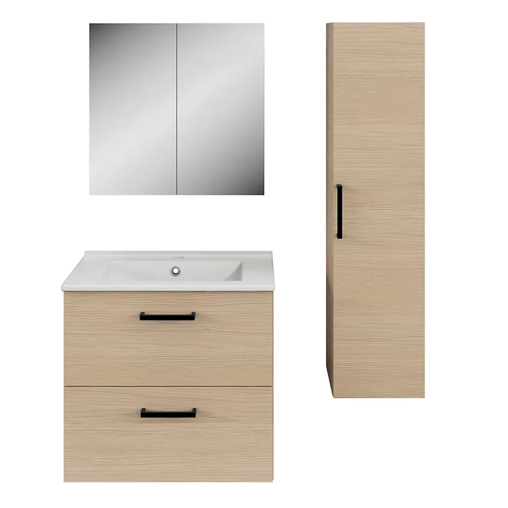 GoodHome Meuble vasque suspendu effet chêne l.60 cm + plan vasque blanc en céramique, Opah