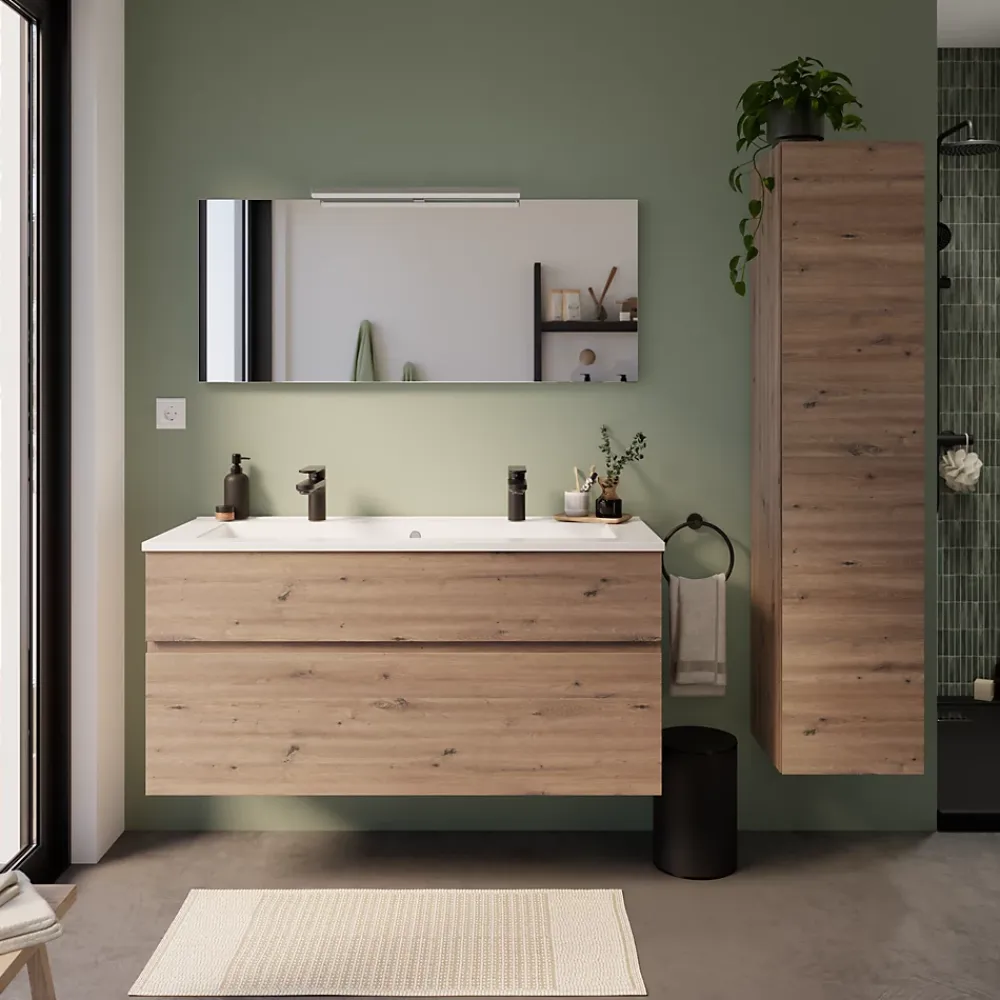 Meuble vasque suspendu effet chêne artisan l.120 cm + plan vasque blanc en résine, Calao