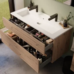 Meuble vasque suspendu effet chêne artisan l.120 cm + plan vasque blanc en résine, Calao