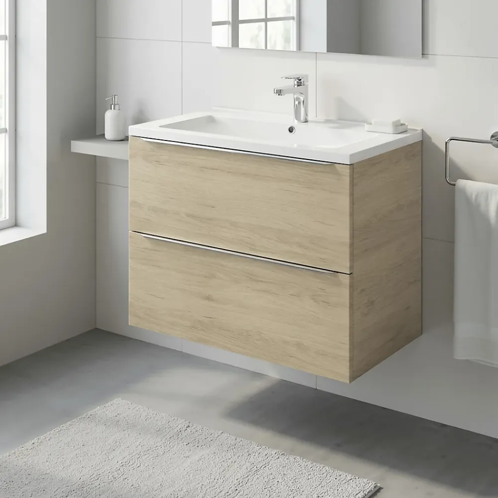 Meuble Vasque|GoodHome Meuble vasque suspendu effet chêne l.80 cm Imandra + plan vasque blanc céramique Nira,