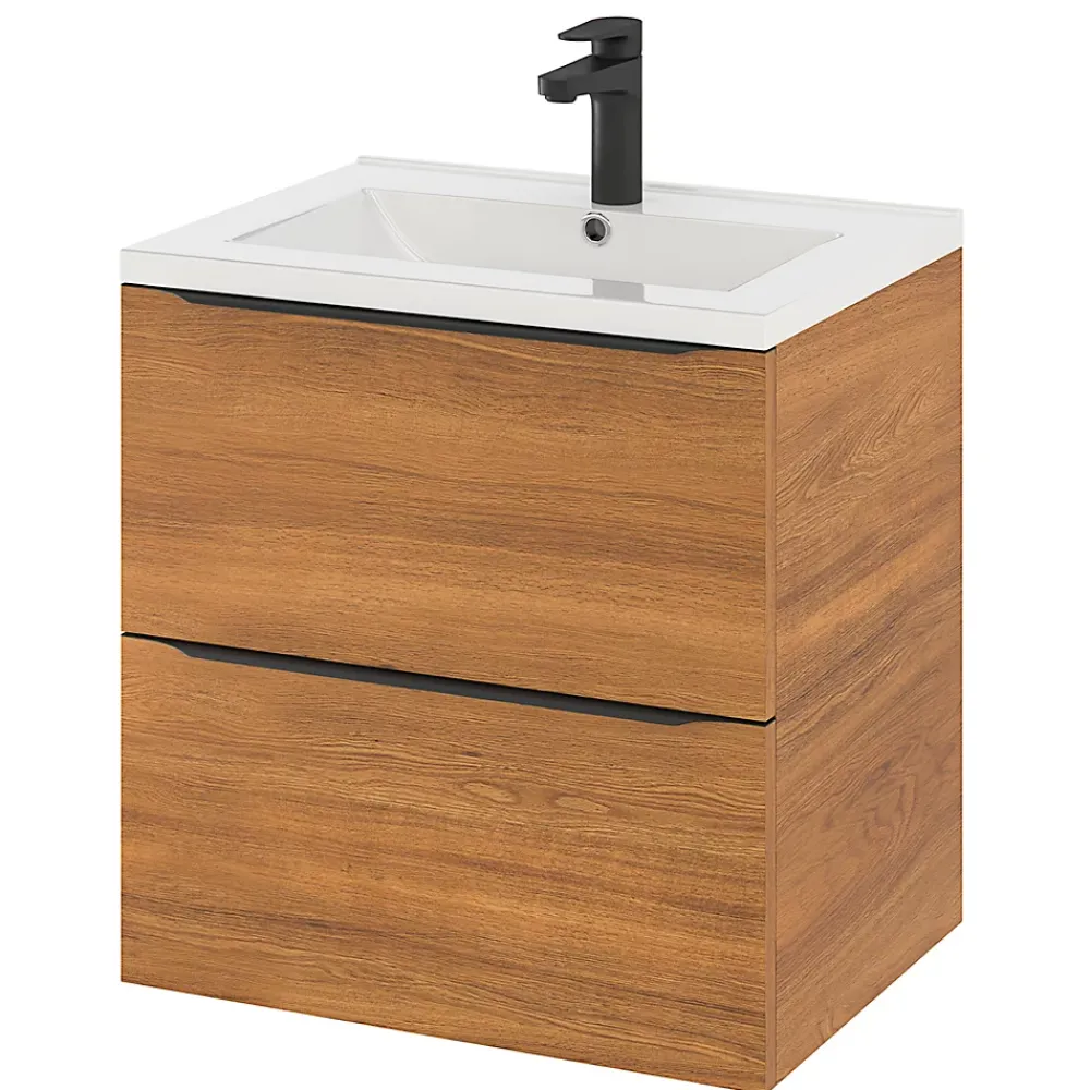Meuble Vasque|GoodHome Meuble vasque suspendu effet noyer l.60 cm Imandra + plan vasque blanc céramique Nira,