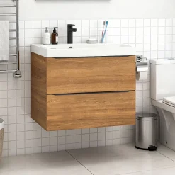 GoodHome Meuble vasque suspendu effet noyer l.80 cm Imandra + plan vasque blanc résine Mila,