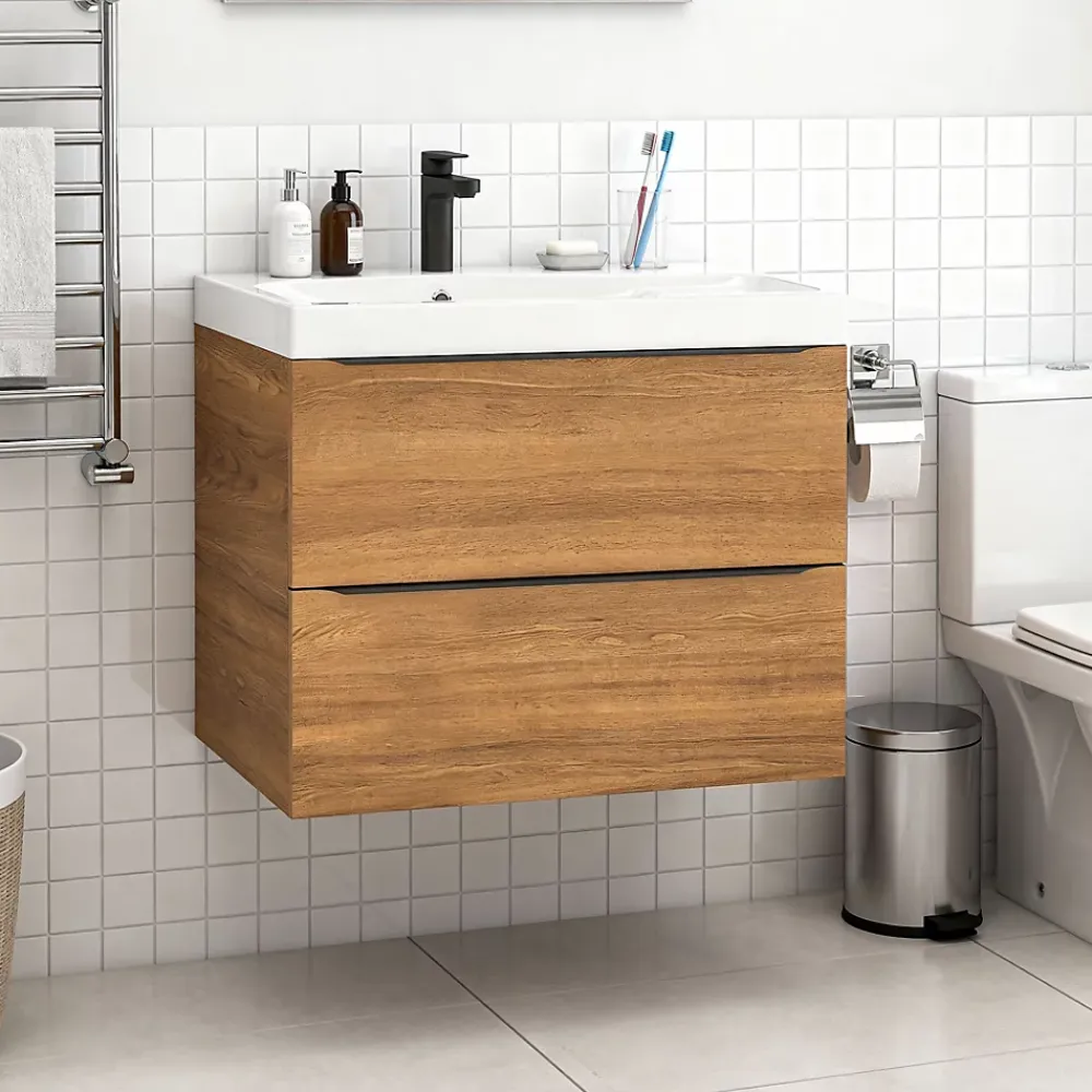 GoodHome Meuble vasque suspendu effet noyer l.80 cm Imandra + plan vasque blanc résine Mila,