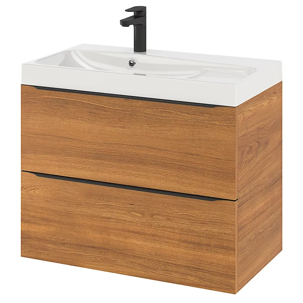 GoodHome Meuble vasque suspendu effet noyer l.80 cm Imandra + plan vasque blanc résine Mila,
