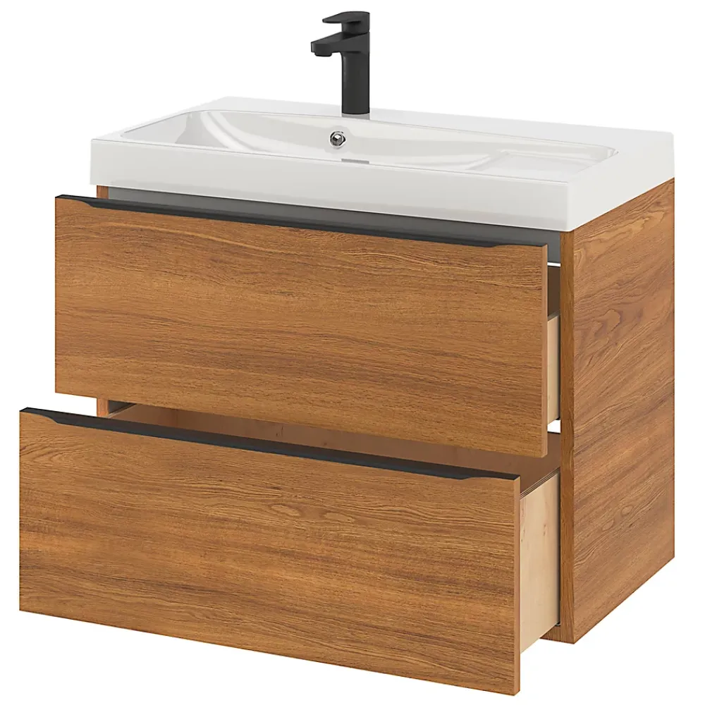 GoodHome Meuble vasque suspendu effet noyer l.80 cm Imandra + plan vasque blanc résine Mila,