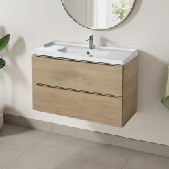 Meuble Vasque|GoodHome Meuble vasque suspendu effet chêne l.100 cm Imandra + plan vasque blanc céramique Lana,