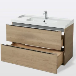 Meuble Vasque|GoodHome Meuble vasque suspendu effet chêne l.100 cm Imandra + plan vasque blanc céramique Lana,