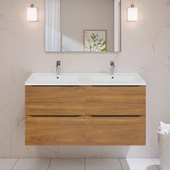 GoodHome Meuble vasque suspendu effet noyer l.120 cm Imandra + plan double vasque blanc céramique Nira,