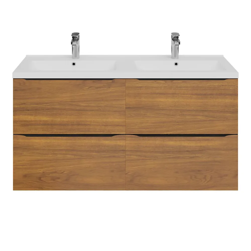 GoodHome Meuble vasque suspendu effet noyer l.120 cm Imandra + plan double vasque blanc céramique Nira,