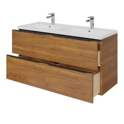 GoodHome Meuble vasque suspendu effet noyer l.120 cm Imandra + plan double vasque blanc céramique Nira,