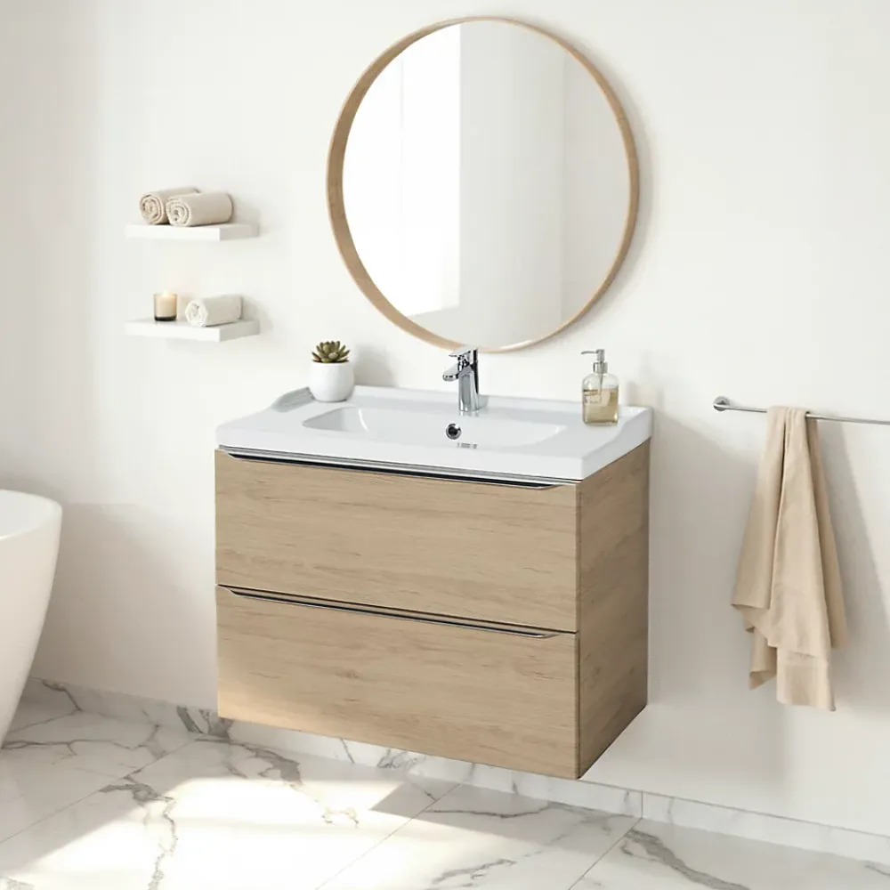 Meuble Vasque|GoodHome Meuble vasque suspendu effet chêne l.80 cm Imandra + plan vasque blanc céramique Lana,