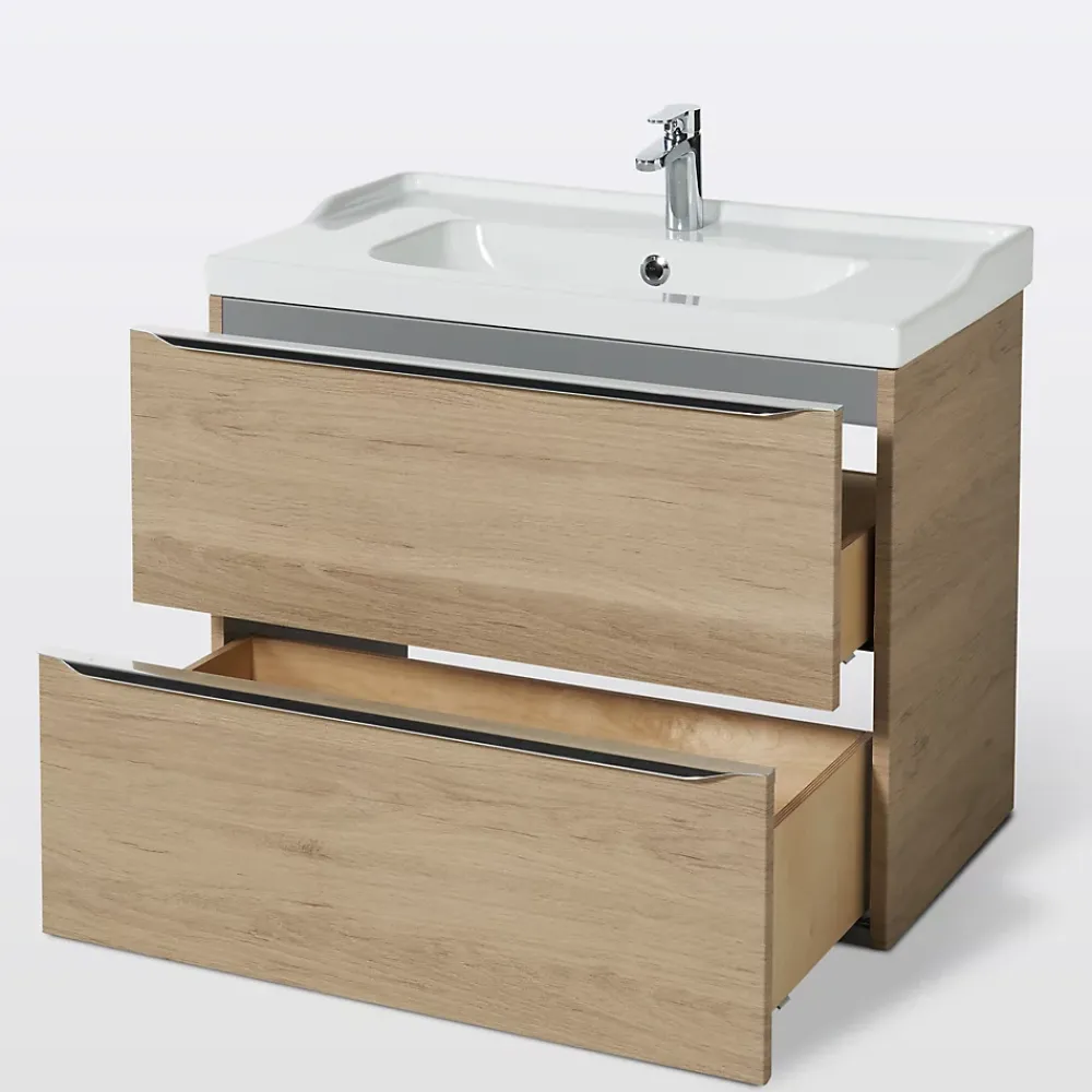 Meuble Vasque|GoodHome Meuble vasque suspendu effet chêne l.80 cm Imandra + plan vasque blanc céramique Lana,