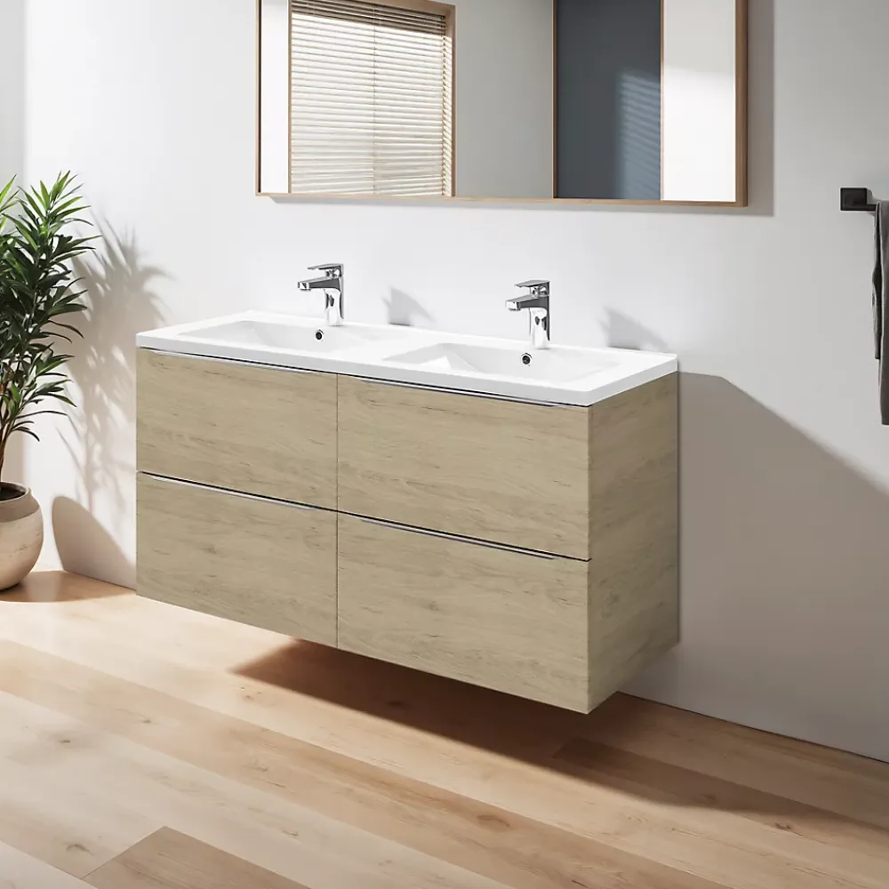 Meuble Vasque|GoodHome Meuble vasque suspendu effet chêne l.120 cm Imandra + plan double vasque blanc céramique Nira,