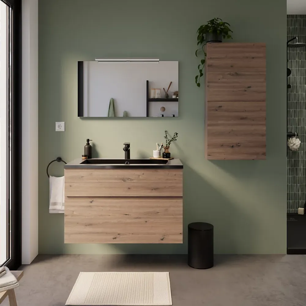 Meuble Vasque| Meuble vasque suspendu effet chêne artisan l.90 cm + plan vasque noir en résine, Calao