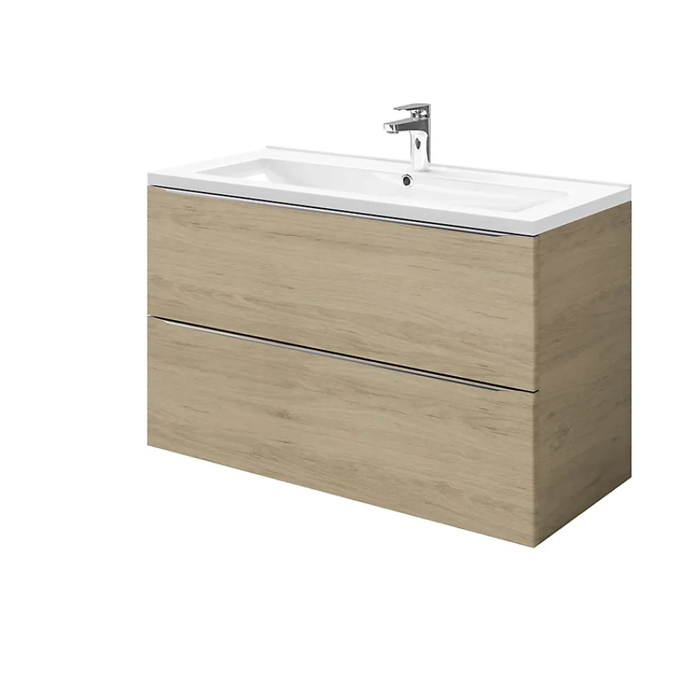 Meuble Vasque|GoodHome Meuble vasque suspendu effet chêne l.100 cm Imandra + plan vasque blanc céramique Nira,