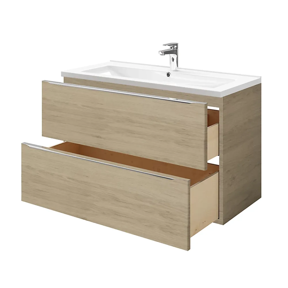 Meuble Vasque|GoodHome Meuble vasque suspendu effet chêne l.100 cm Imandra + plan vasque blanc céramique Nira,