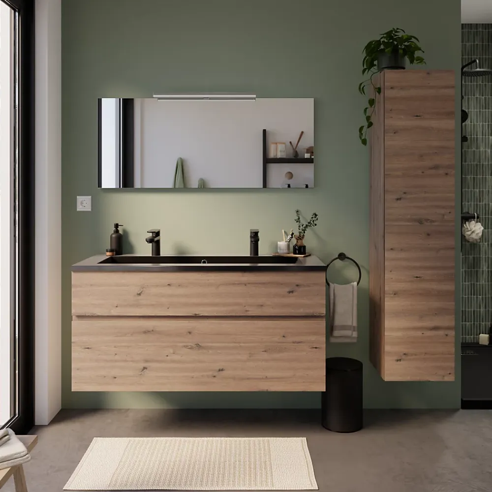 Meuble vasque suspendu effet chêne artisan l.120 cm + plan vasque noir en résine, Calao