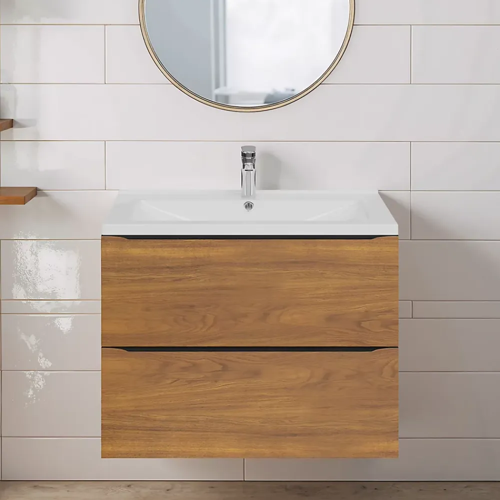 Meuble Vasque|GoodHome Meuble vasque suspendu effet noyer l.80 cm Imandra + plan vasque blanc céramique Nira,