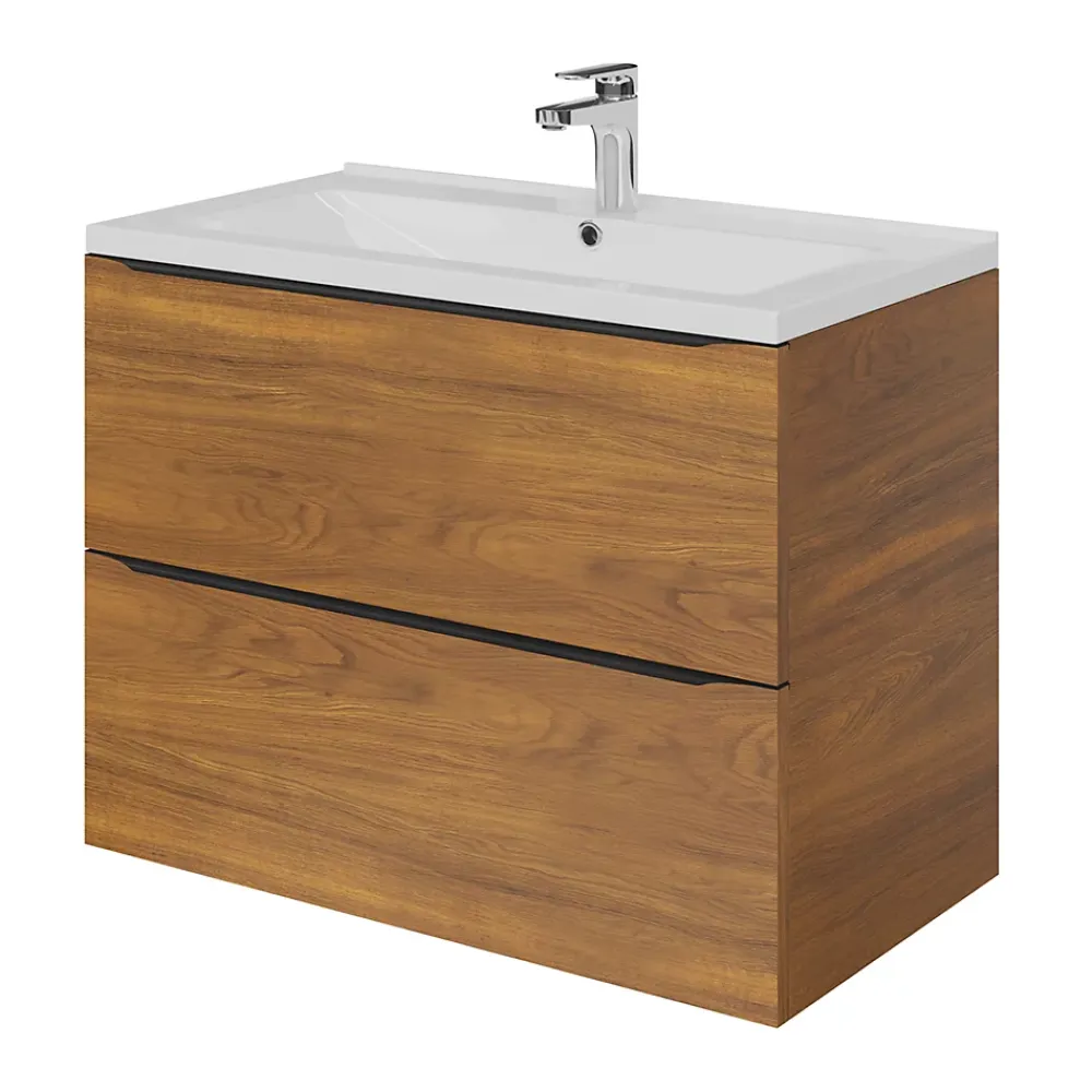 Meuble Vasque|GoodHome Meuble vasque suspendu effet noyer l.80 cm Imandra + plan vasque blanc céramique Nira,