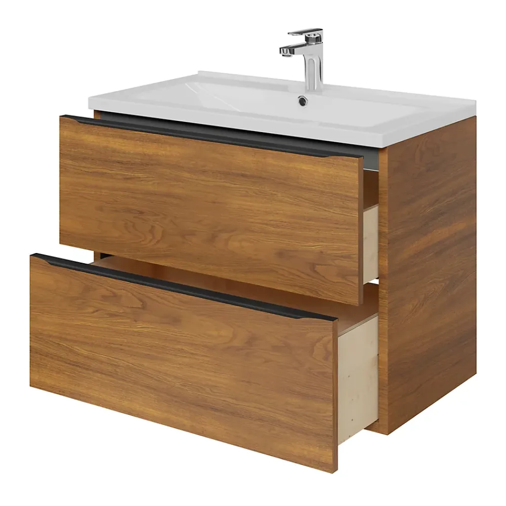 Meuble Vasque|GoodHome Meuble vasque suspendu effet noyer l.80 cm Imandra + plan vasque blanc céramique Nira,