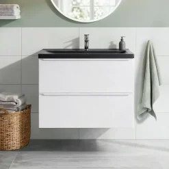 Meuble De Salle De Bains Faible Profondeur|GoodHome Meuble vasque suspendu faible profondeur blanc mat l.80 cm Imandra + plan vasque noir céramique Nira,