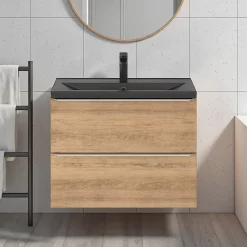 Meuble De Salle De Bains Faible Profondeur|Meuble Vasque|GoodHome Meuble vasque suspendu faible profondeur effet chêne l.80 cm Imandra + plan vasque noir céramique Nira,