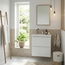 GoodHome Meuble vasque suspendu faible profondeur blanc mat l.50 cm Imandra + plan vasque blanc Nira,