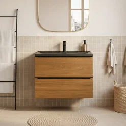 GoodHome Meuble vasque suspendu faible profondeur effet noyer l.80 cm Imandra + plan vasque noir céramique, Nira