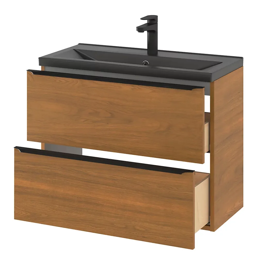 GoodHome Meuble vasque suspendu faible profondeur effet noyer l.80 cm Imandra + plan vasque noir céramique, Nira