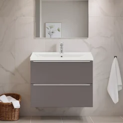 Meuble De Salle De Bains Faible Profondeur|GoodHome Meuble vasque suspendu faible profondeur gris taupe brillant l.80 cm Imandra + plan vasque blanc céramique Nira,