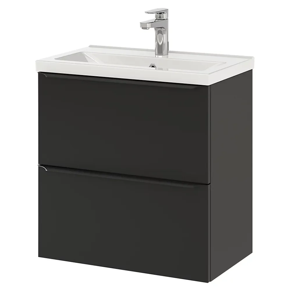 Meuble De Salle De Bains Faible Profondeur|Meuble Vasque|GoodHome Meuble vasque suspendu faible profondeur noir mat l.60 cm Imandra + plan vasque blanc céramique Nira,