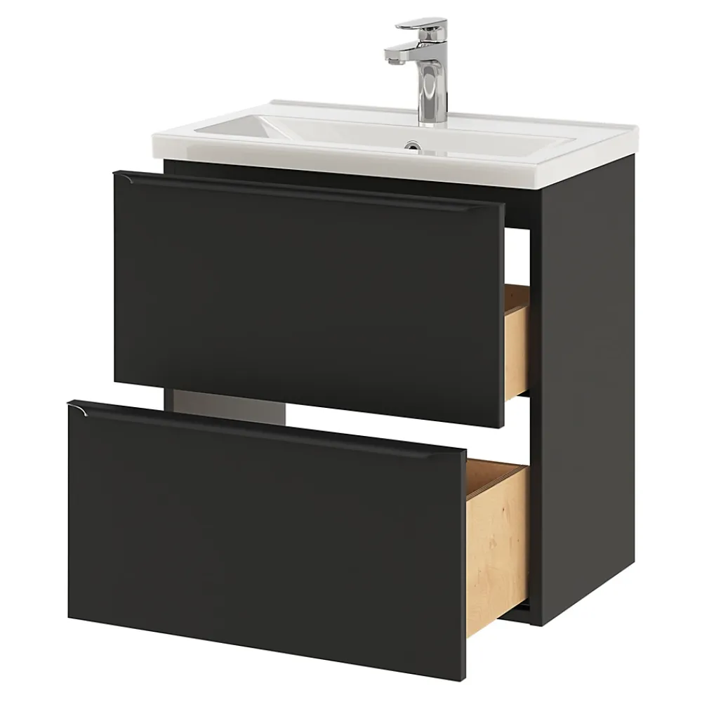 Meuble De Salle De Bains Faible Profondeur|Meuble Vasque|GoodHome Meuble vasque suspendu faible profondeur noir mat l.60 cm Imandra + plan vasque blanc céramique Nira,