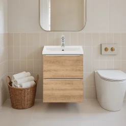 GoodHome Meuble vasque suspendu faible profondeur effet chêne l.50 cm Imandra + plan vasque blanc céramique Nira,