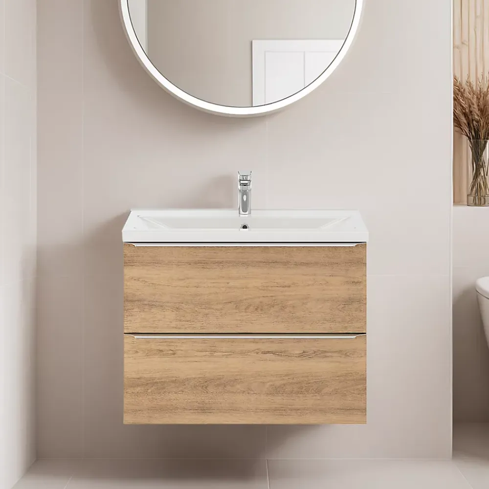 Meuble De Salle De Bains Faible Profondeur|Meuble Vasque|GoodHome Meuble vasque suspendu faible profondeur effet chêne l.80 cm Imandra + plan vasque blanc céramique Nira,
