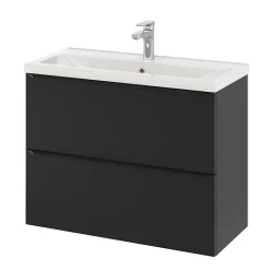 GoodHome Meuble vasque suspendu faible profondeur noir mat l.80 cm Imandra + plan vasque blanc céramique Nira,