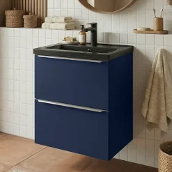 Meuble De Salle De Bains Faible Profondeur|GoodHome Meuble vasque suspendu faible profondeur bleu nuit mat l.50 cm Imandra + plan vasque noir céramique Nira,