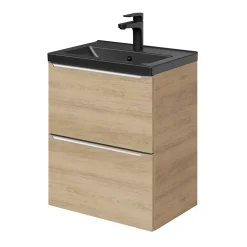 GoodHome Meuble vasque suspendu faible profondeur effet chêne l.50 cm Imandra + plan vasque noir céramique Nira,