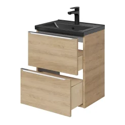 GoodHome Meuble vasque suspendu faible profondeur effet chêne l.50 cm Imandra + plan vasque noir céramique Nira,