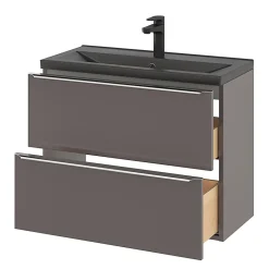 Meuble De Salle De Bains Faible Profondeur|GoodHome Meuble vasque suspendu faible profondeur gris taupe brillant l.80 cm Imandra + plan vasque noir céramique Nira,