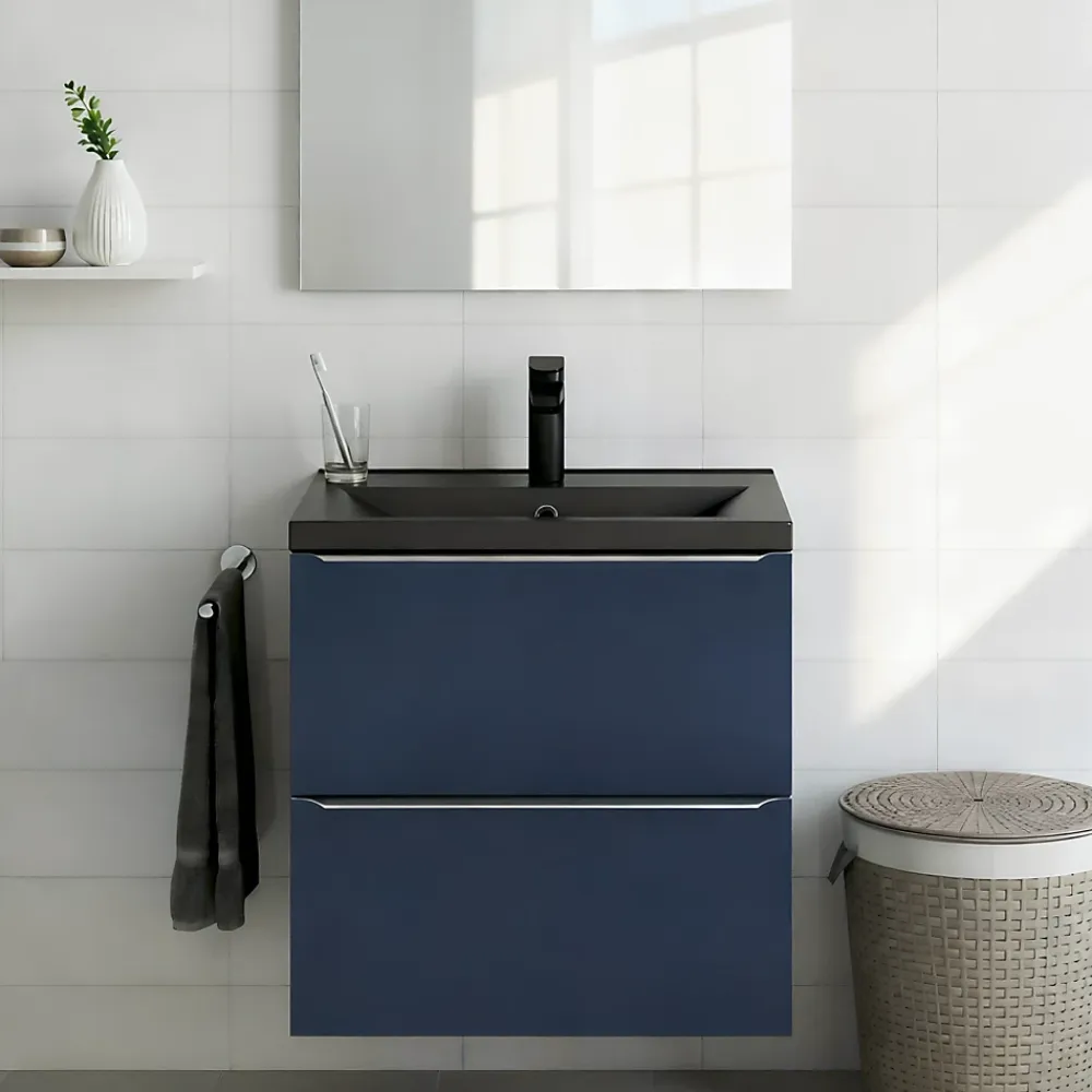 Meuble De Salle De Bains Faible Profondeur|GoodHome Meuble vasque suspendu faible profondeur bleu nuit mat l.60 cm Imandra + plan vasque noir céramique Nira,
