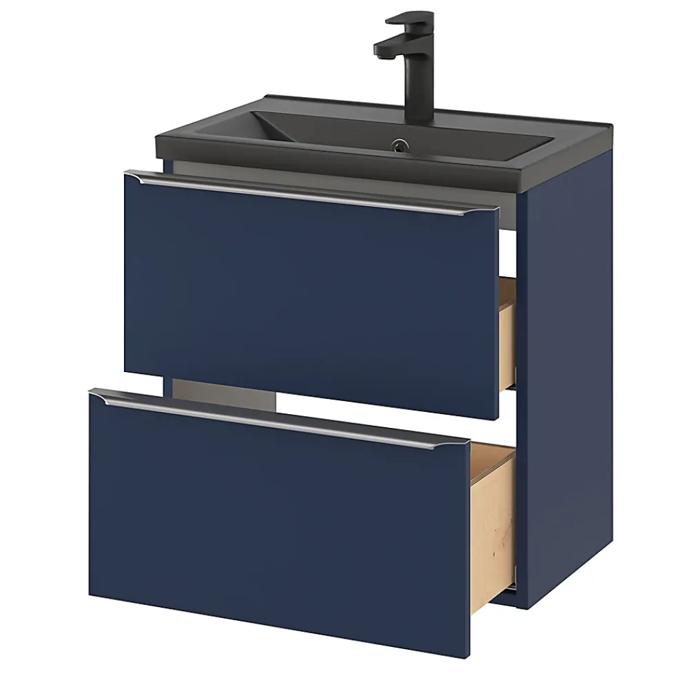 Meuble De Salle De Bains Faible Profondeur|GoodHome Meuble vasque suspendu faible profondeur bleu nuit mat l.60 cm Imandra + plan vasque noir céramique Nira,