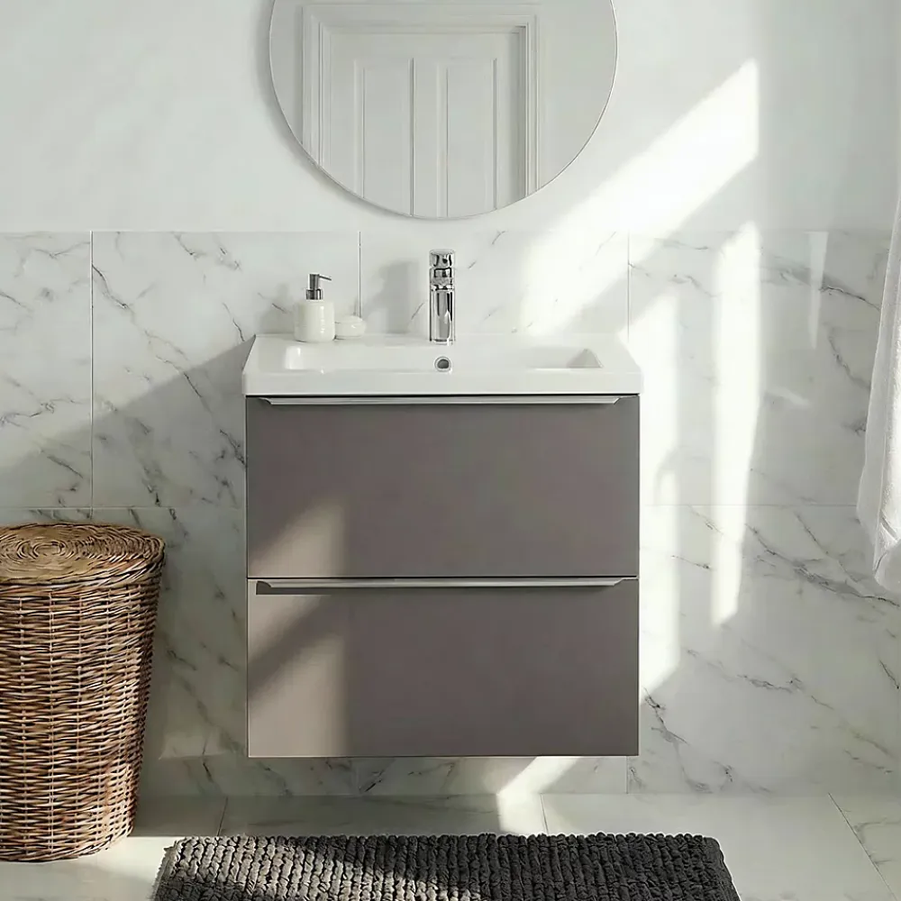 GoodHome Meuble vasque suspendu faible profondeur gris taupe brillant l.60 cm Imandra + plan vasque blanc céramique Nira,