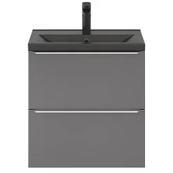 GoodHome Meuble vasque suspendu faible profondeur gris brillant l.60 cm Imandra + plan vasque noir céramique Nira,