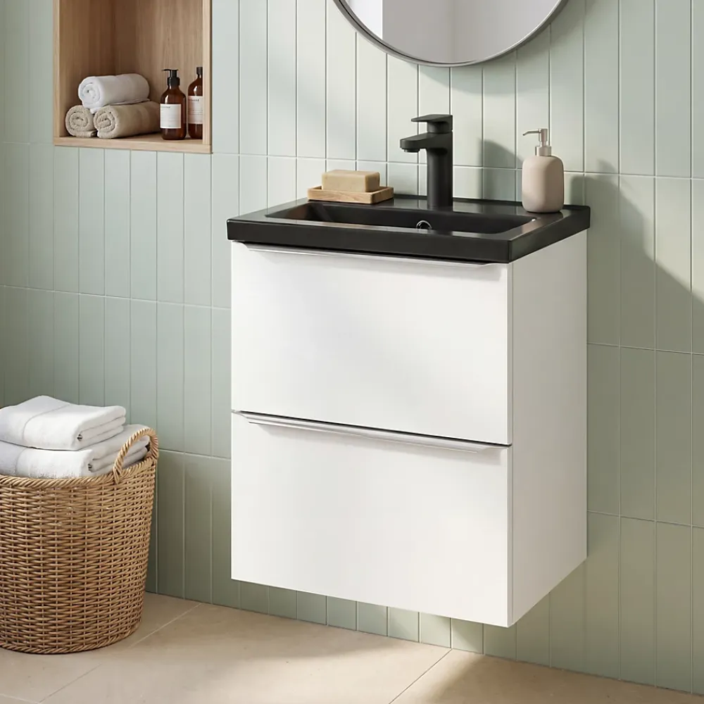 GoodHome Meuble vasque suspendu faible profondeur blanc brillant l.50 cm Imandra + plan vasque noir céramique Nira,