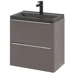 GoodHome Meuble vasque suspendu faible profondeur gris taupe brillant l.60 cm Imandra + plan vasque noir céramique Nira,