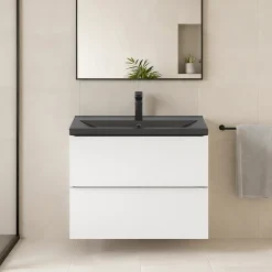 Meuble Vasque|Meuble De Salle De Bains Faible Profondeur|GoodHome Meuble vasque suspendu faible profondeur blanc brillant l.80 cm Imandra + plan vasque noir céramique Nira,