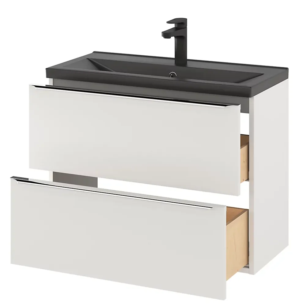 Meuble Vasque|Meuble De Salle De Bains Faible Profondeur|GoodHome Meuble vasque suspendu faible profondeur blanc brillant l.80 cm Imandra + plan vasque noir céramique Nira,