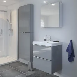 GoodHome Meuble vasque suspendu gris brillant l.60 cm Imandra + plan vasque blanc céramique Nira,