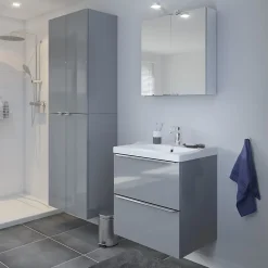 GoodHome Meuble vasque suspendu gris brillant l.60 cm + plan vasque blanc céramique Lana,